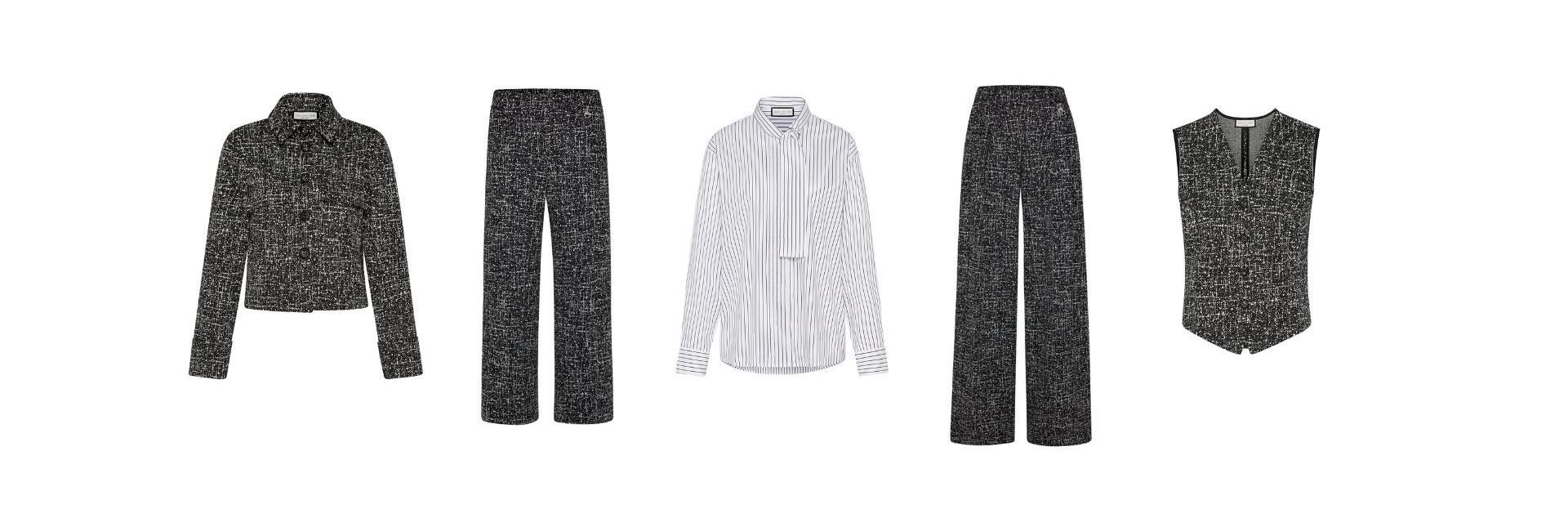Koordinierte Business-Kleidung: Blazer, Hose, Hemd und Vest in Schwarz-Weiß mit Muster.