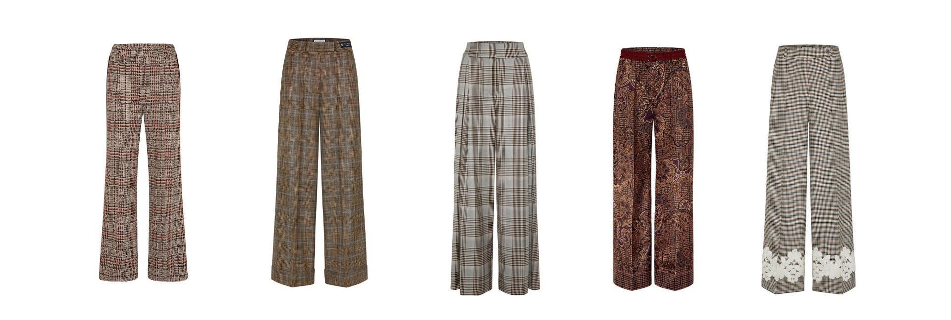 Fünf verschiedene Stoffhosen mit Mustern und Farben in Reihe aufgestellt.