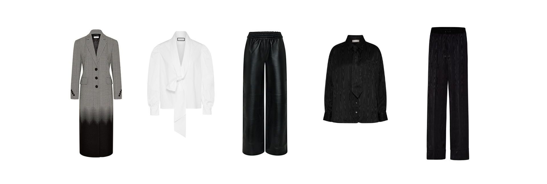 Fünf verschiedene Kleidungsstücke: grauer Mantel, weißes Hemd, schwarze Hose, dunkler Blazer, schwarze Stoffhose.