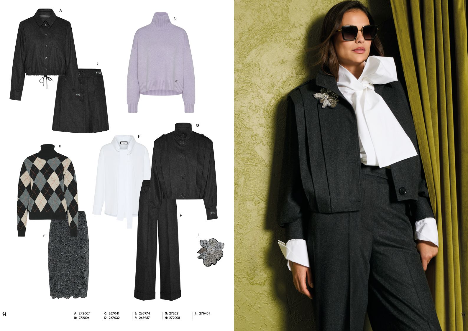 Modische Damen-Outfits: Blazer, Tops, Hosen und Accessoires in verschiedenen Stilen.