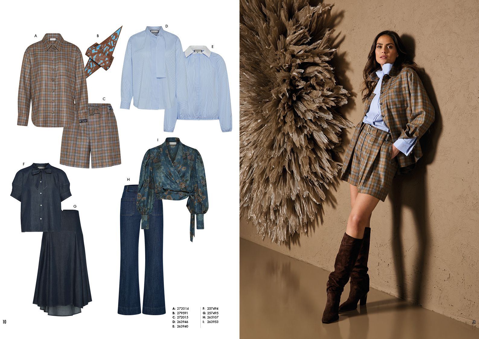 Frau trägt stylischen Herbstlook mit Blazer, Skirt und Stiefeln neben Kleidungs-Katalogseiten.