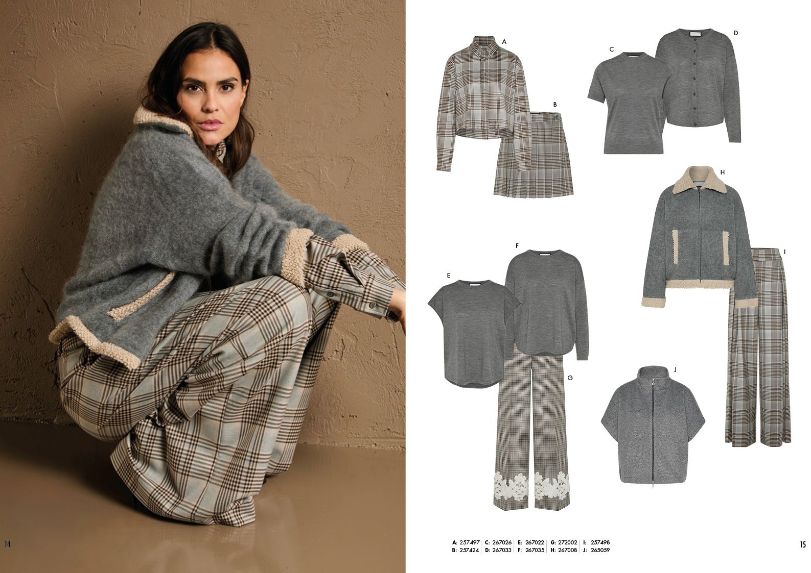 Frau trägt gemütlichen Plaid-Look mit Schal und Hose, daneben Kleidungsstücke zum Nachbestellen.