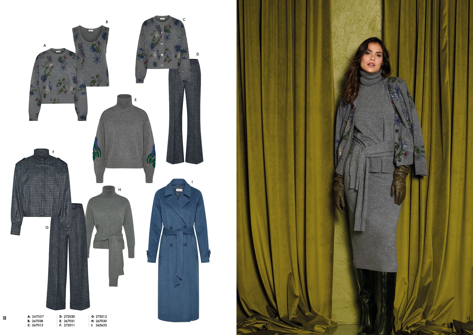 Modische Damen-Kollection mit Mantel, Jacken und Hose, Frau im grauen Outfit vor Vorhang.