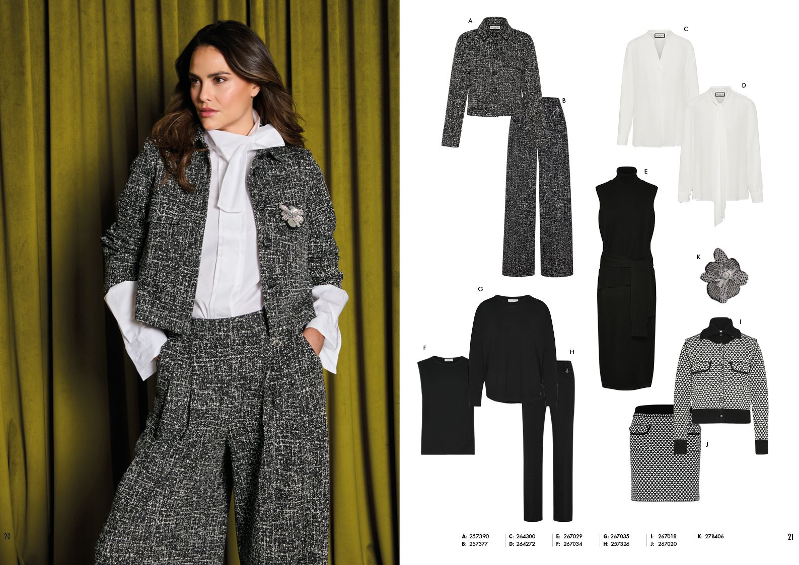 Frau trägt stylischen Tweed-Blazer mit Passform-Hose, kombiniert mit Bluse, vor Outfit-Skizzen.