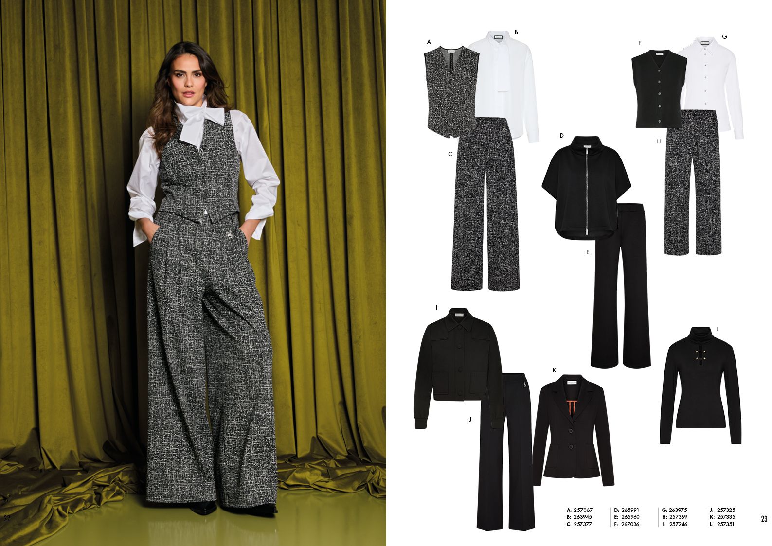 Frau trägt eleganten Tweed-Pullover mit Bluse und passender Hose, daneben Outfit-Varianten in Schwarz-Weiß.