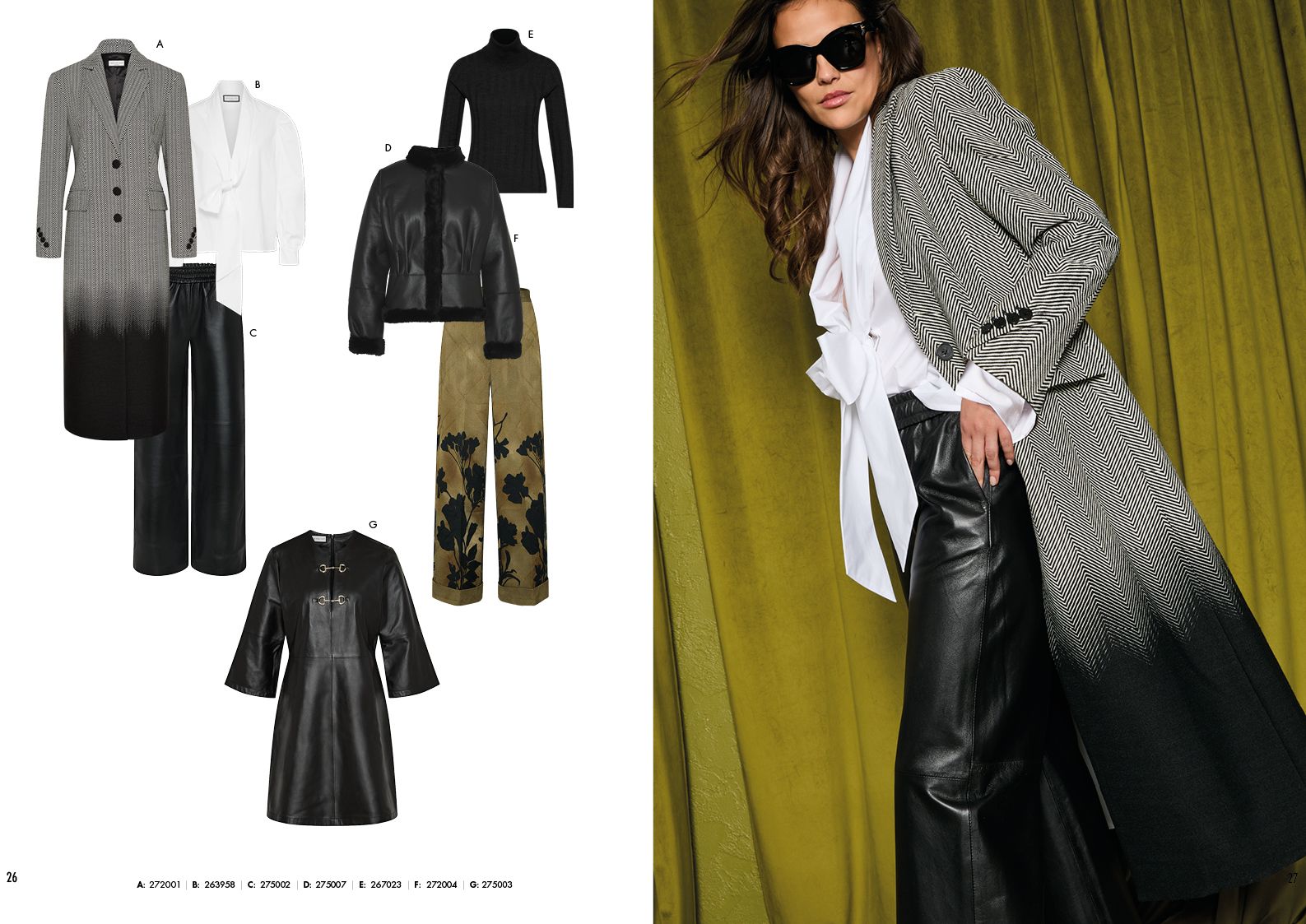 Modische Frauenkollektion mit Blazern, Hosen und Accessoires, Frau im stylischen Mantel und Outfit.