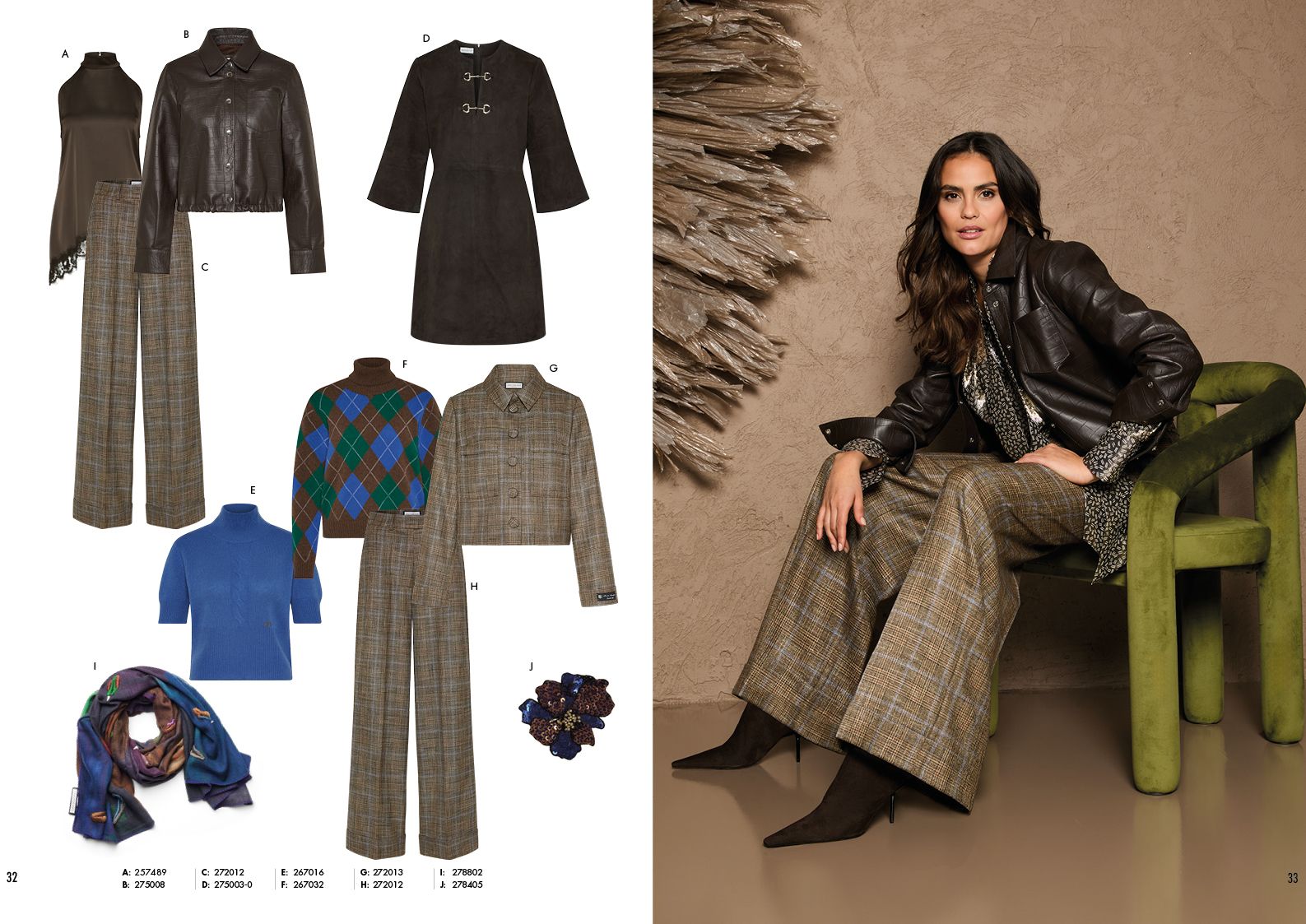 Modische Frau mit stylischer Business-Casual-Kleidung aus Stoffkollektion, elegant posierend.