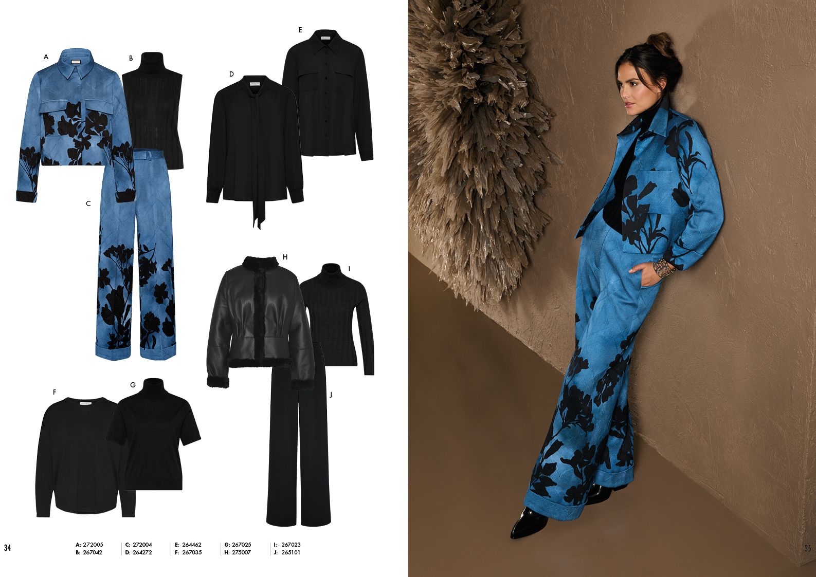 Modische Damen-Jumpsuits und Blusen in Schwarz und Blau mit floralen Mustern, eine Person im blauen Anzug posierend.