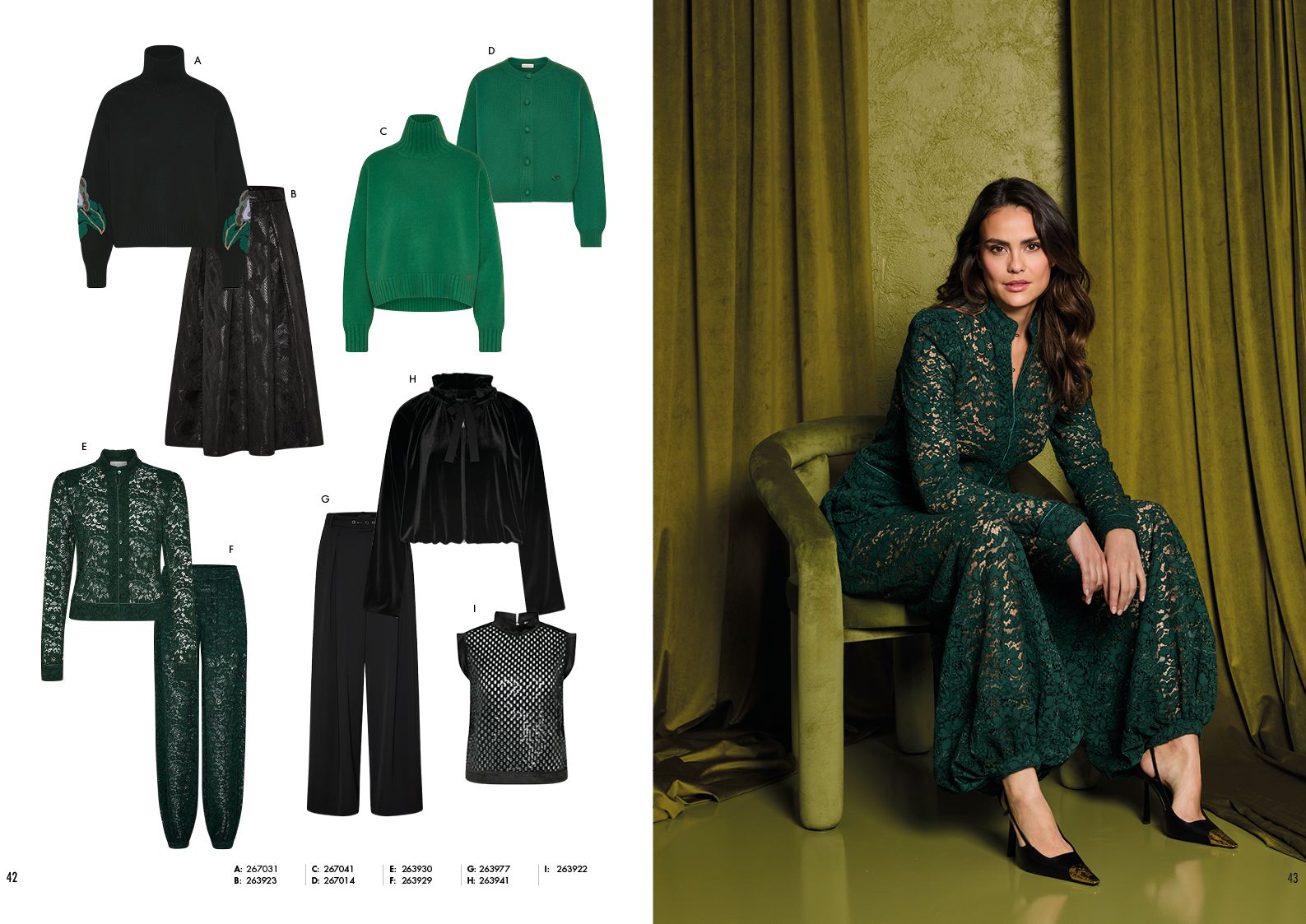 Elegante Frau in grün-schwarzem Ensemble mit passender Kleidungskollektion im Hintergrund.