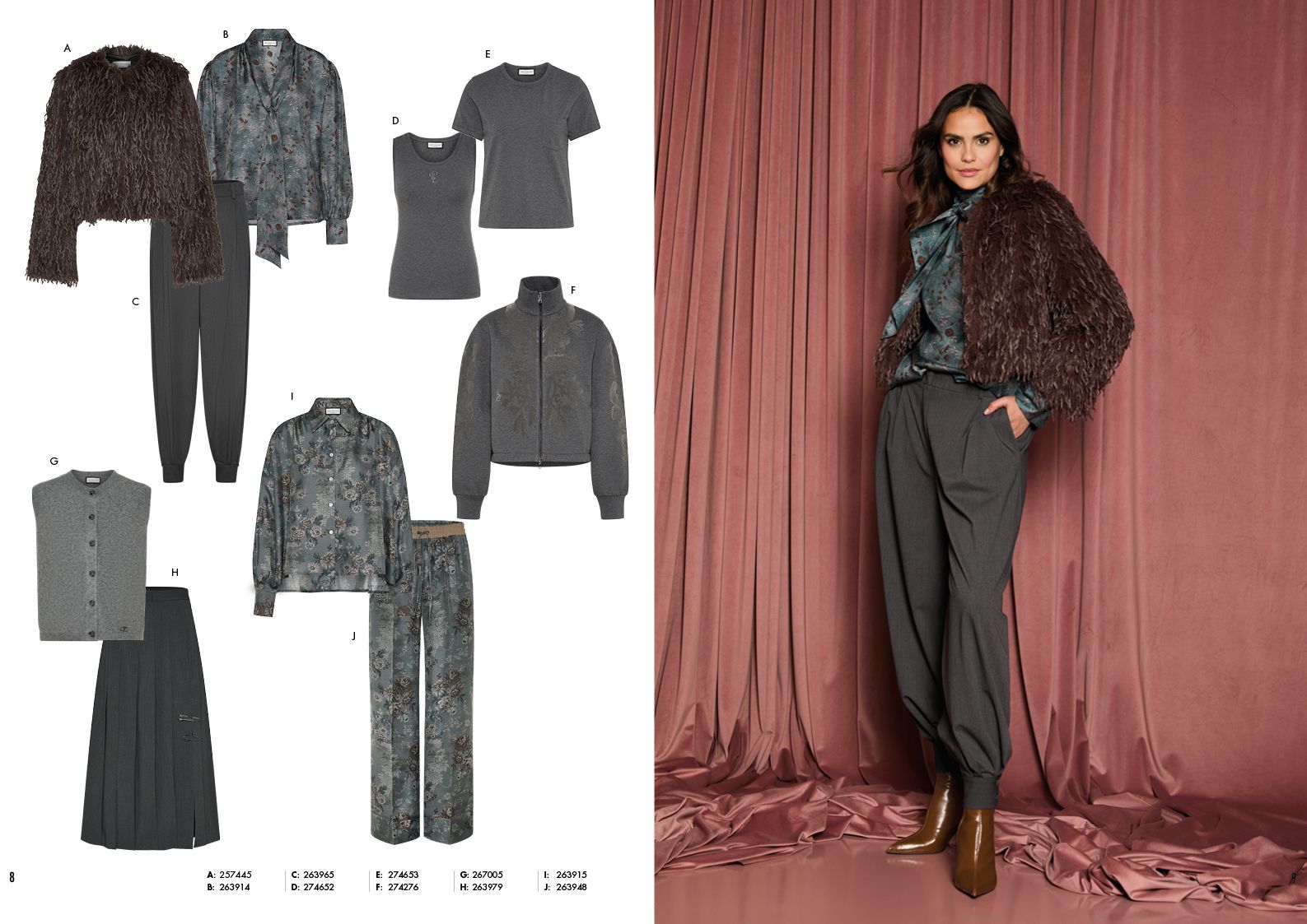 Modische Damenkollektion mit Jacken, Tops und Hosen sowie Model im eleganten Outfit.