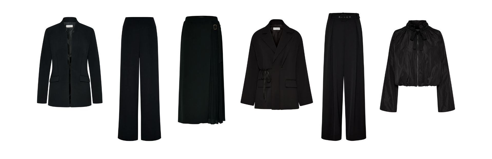 Fünf schwarze Damenoberteile und -hosen: Blazer, Jacke, Anzug, zwei Hosen.